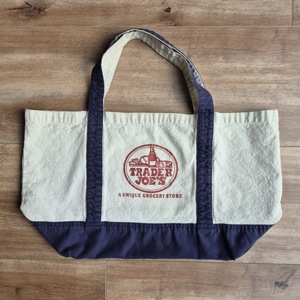 Vintage Trader Joe's Canvas Tote Bag Navy Blue with Red Retro Logo 90s - Picture 5 of 6